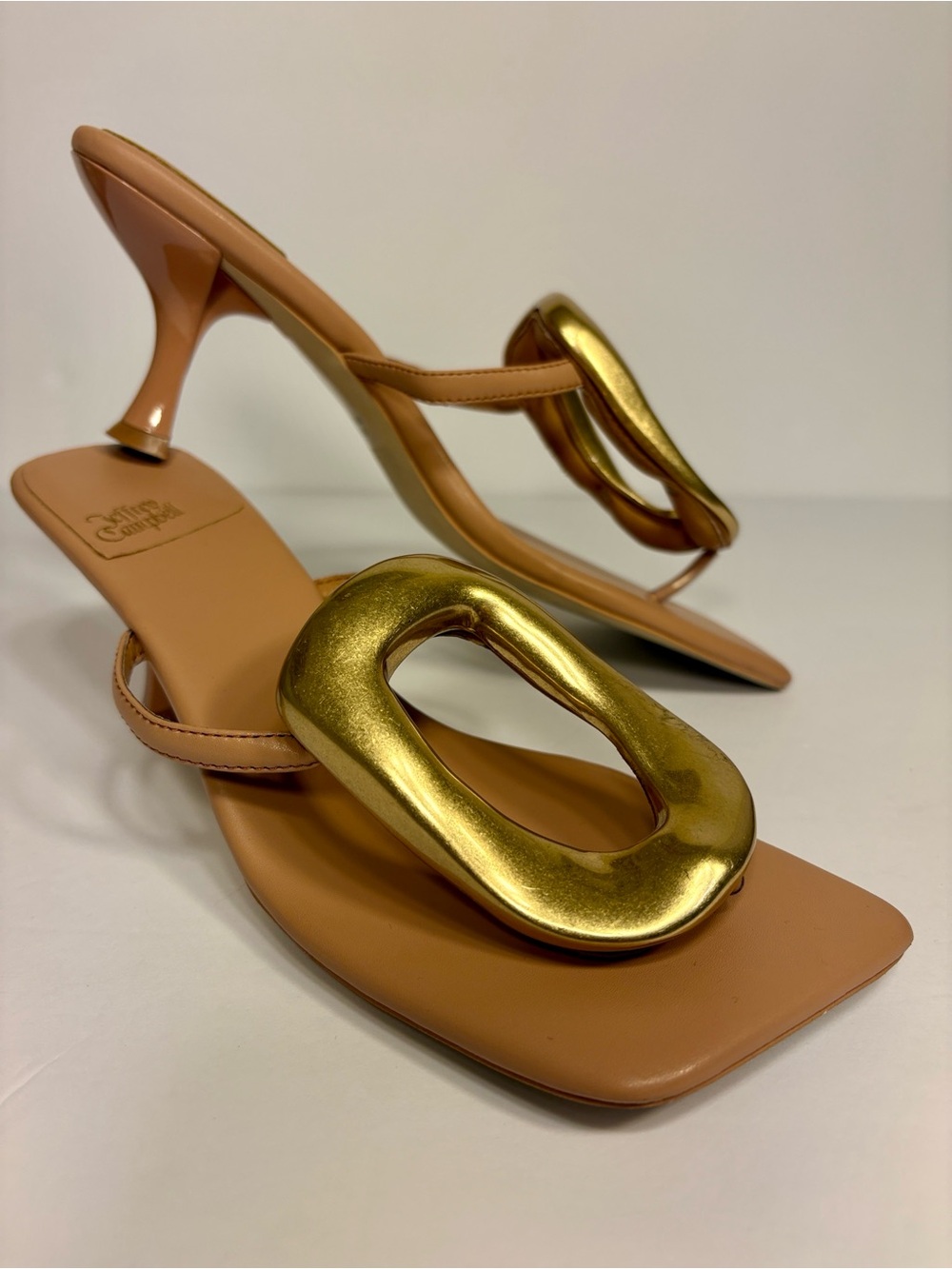 Jeffrey Campbell Linques Tan Leather Heeled Sandals with Gold Sculptural Accent